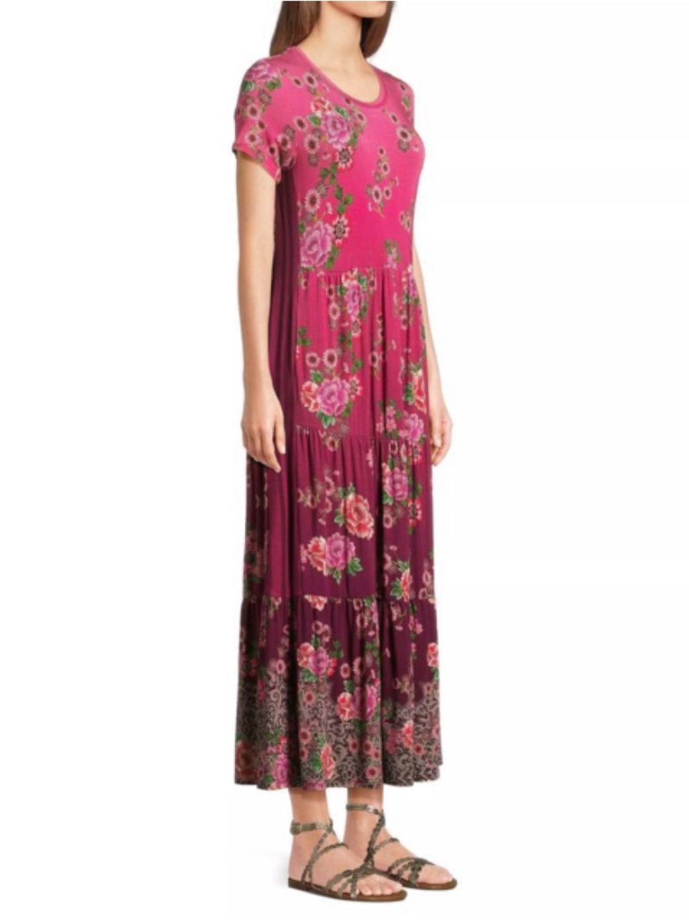 NWT Johnny Was Pink Lace Print Tiered Cap Sleeve Maxi Dress